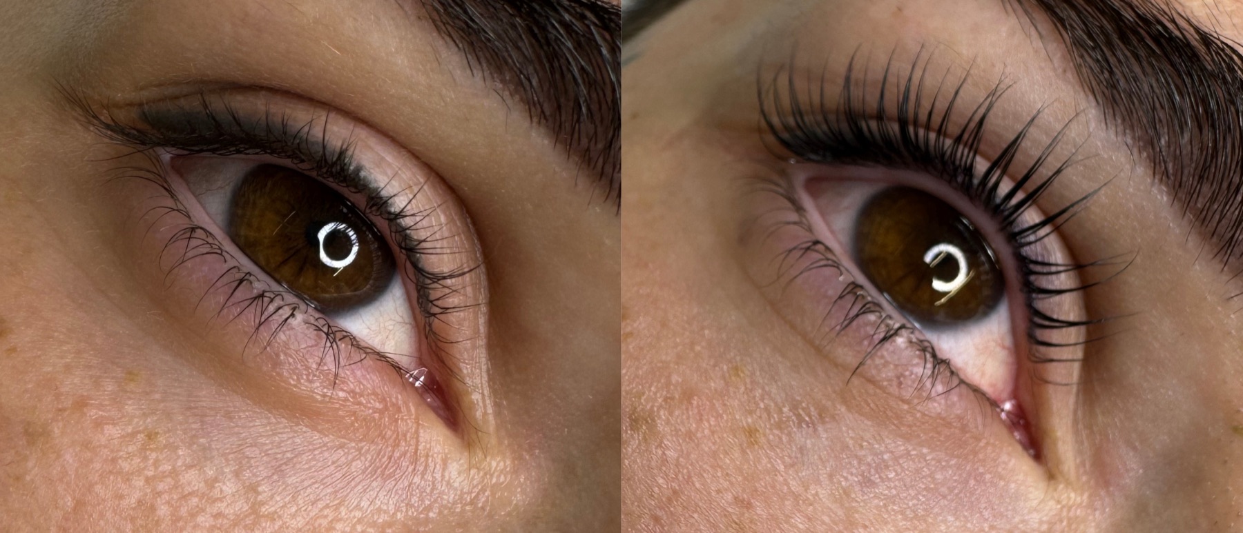 Ciglia ricurve e definite dopo la laminazione con Lash Filler, primo piano dello sguardo