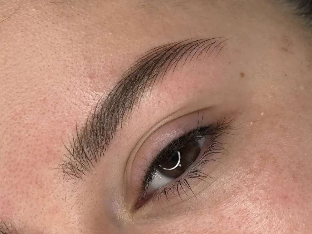 Dettaglio macro di sopracciglio con trucco permanente effetto pelo